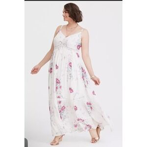 Torrid Floral Maxi Size 2 Spaghetti Strap Dress Ivory Pink Crochet Trim Spring